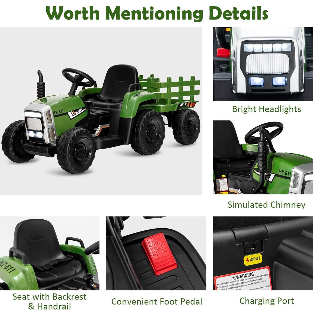 Kids Ride on Tractor and Trailer 12V Electric Toy Car W/Light & Music Detachable