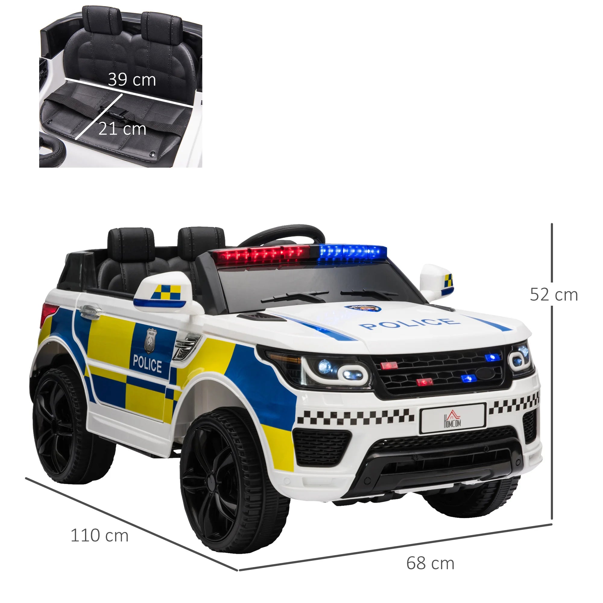 12V Kid Electric Ride on Police Car W/ Remote Siren Bluetooth 3-6 Years