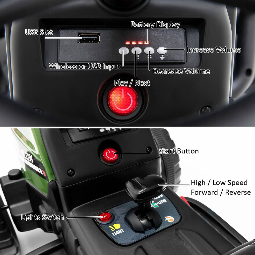 Kids Ride on Tractor and Trailer 12V Electric Toy Car W/Light & Music Detachable