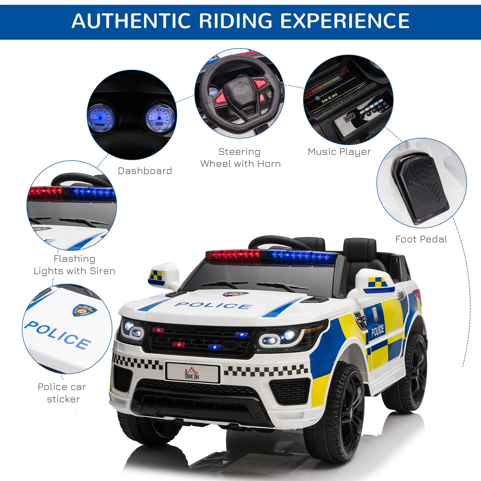 12V Kid Electric Ride on Police Car W/ Remote Siren Bluetooth 3-6 Years