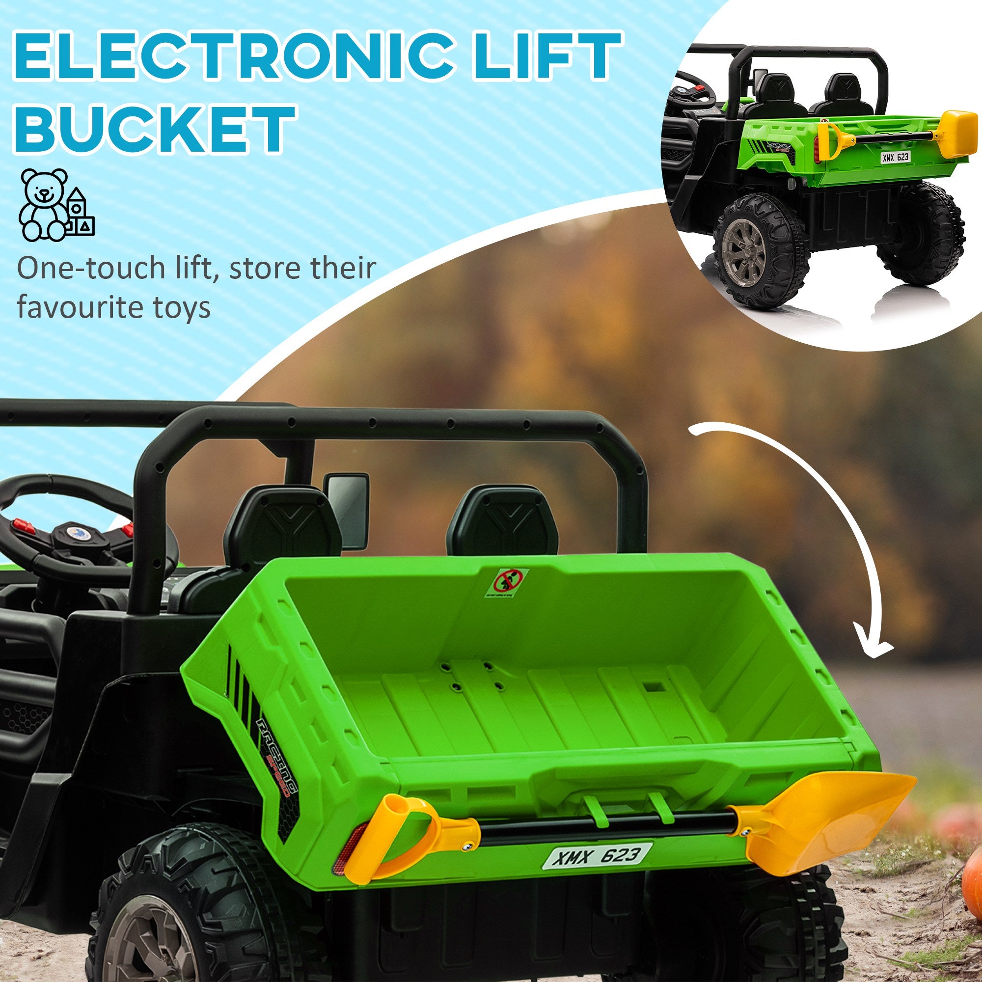 Two-Seater Kids Ride on Truck W/ Electric Bucket, Parental Remote