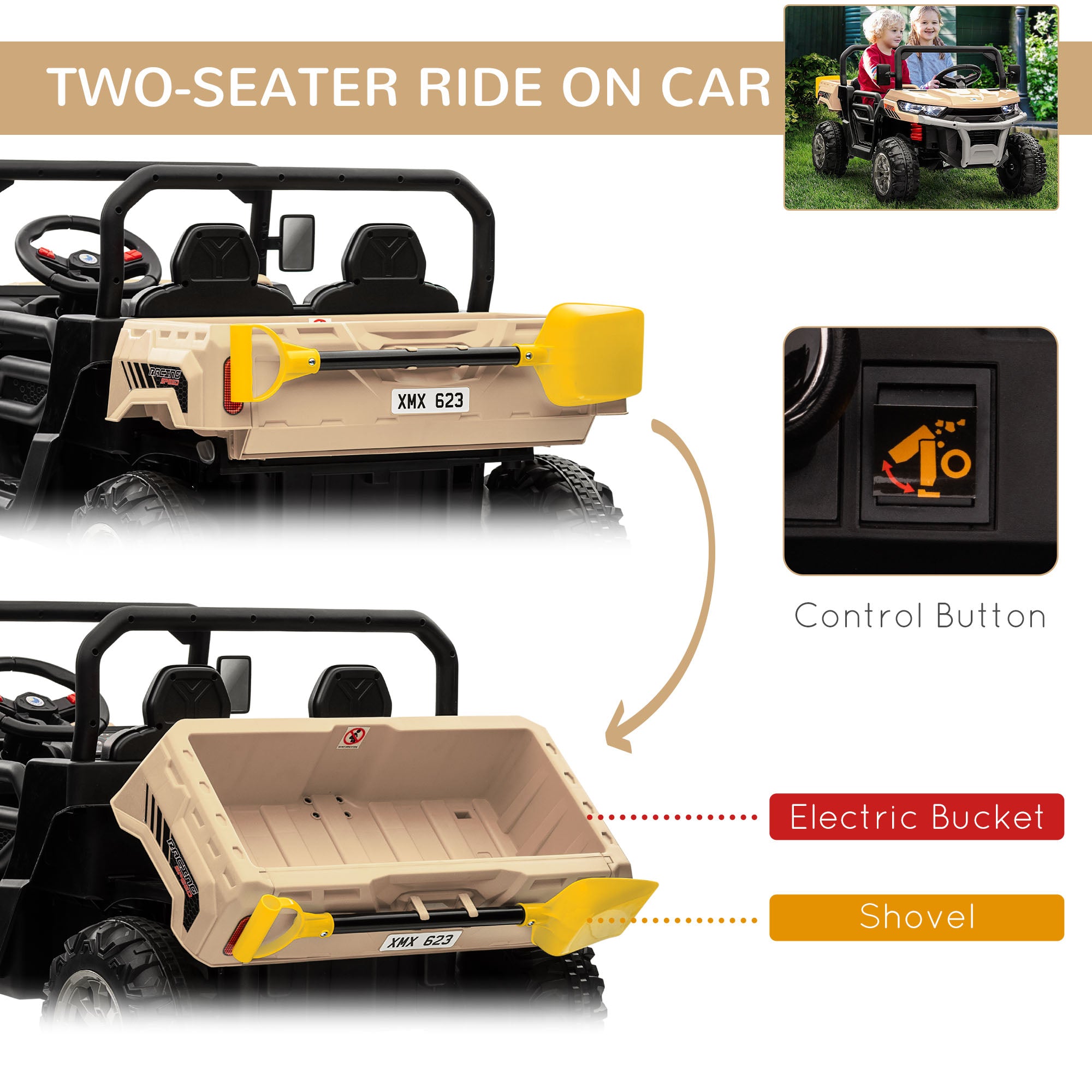 Two-Seater Kids Ride on Truck W/ Electric Bucket, Parental Remote